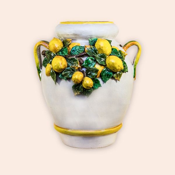  ROUNDED VASE IN CRACKLED WHITE WITH LEMONS AND LEAVES CM.52H 